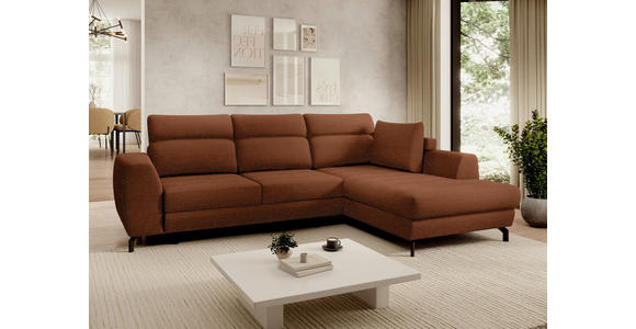 ECKSOFA Cognac Chenille  inkl. Zierkissen, Bettkasten, Schlaffunktion, Rücken echt, Kopfteilverstellung, Liegefläche im Originalstoff  - Cognac/Schwarz, KONVENTIONELL, Textil/Metall (266/185cm) - Carryhome