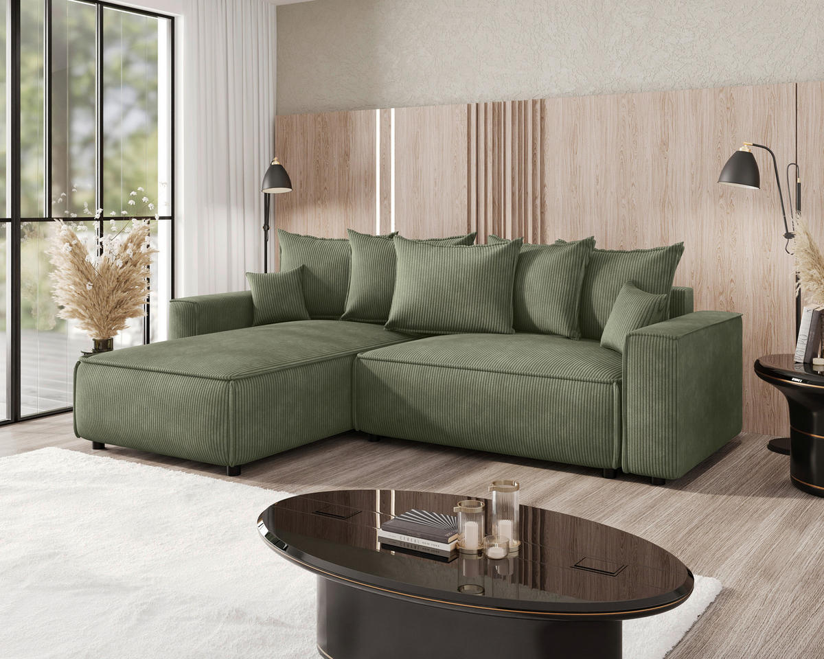 ECKSOFA 190/280 cm MERO in Cord Grün Zierkissen, Rückenkissen, Bettkasten  190/280 cm  - Schwarz/Grün, MODERN, Kunststoff/Textil (190/280cm) - MID.YOU