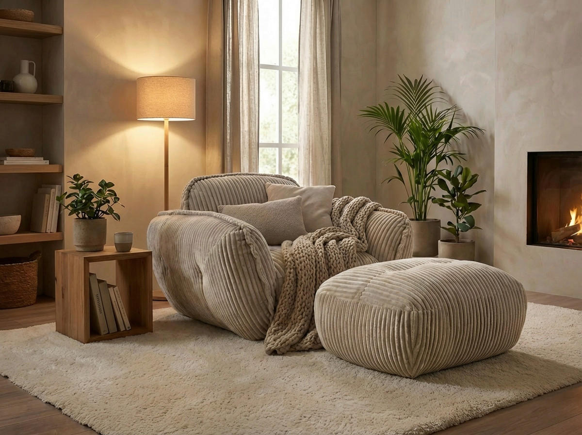 HOCKER BE FLUFFY Cord Beige  - Beige/Schwarz, MODERN, Kunststoff/Textil (92/46/74cm) - Trendmanufaktur