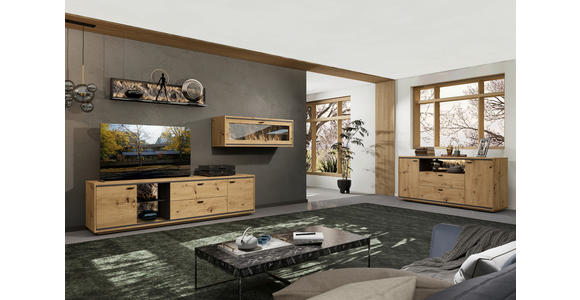 WOHNWAND  in Graphitfarben, Eiche Artisan  303/190/49 cm  - Schwarz/Graphitfarben, Design, Glas/Holzwerkstoff (303/190/49cm) - Cantus