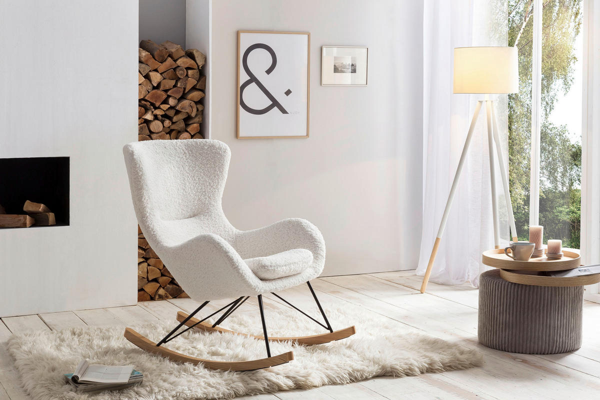 SCHAUKELSTUHL in Teddystoff Weiß  - Eichefarben/Weiß, MODERN, Holz/Textil (75/106/102cm) - Livetastic