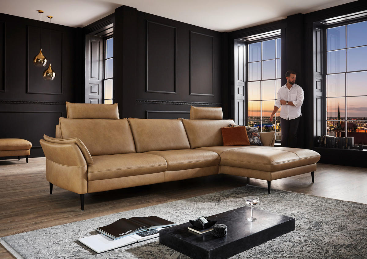 ECKSOFA Dunkelgelb Echtleder  - Dunkelgelb/Schwarz, Design, Leder/Metall (172/334cm) - Hukla