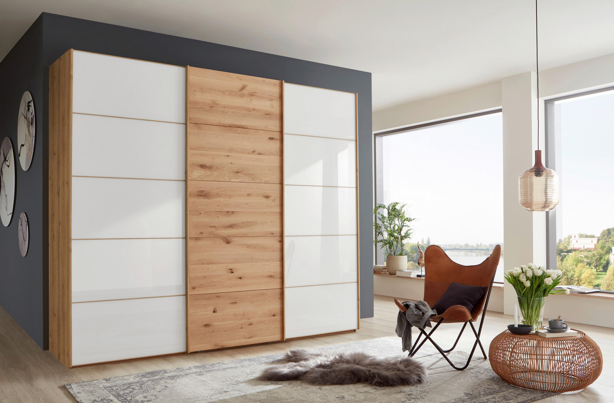 SCHWEBETÜRENSCHRANK 250/217/67 cm 3-türig Weiß, Eiche Bianco  - Eiche Bianco/Weiß, Natur, Glas/Holz (250/217/67cm) - Linea Natura
