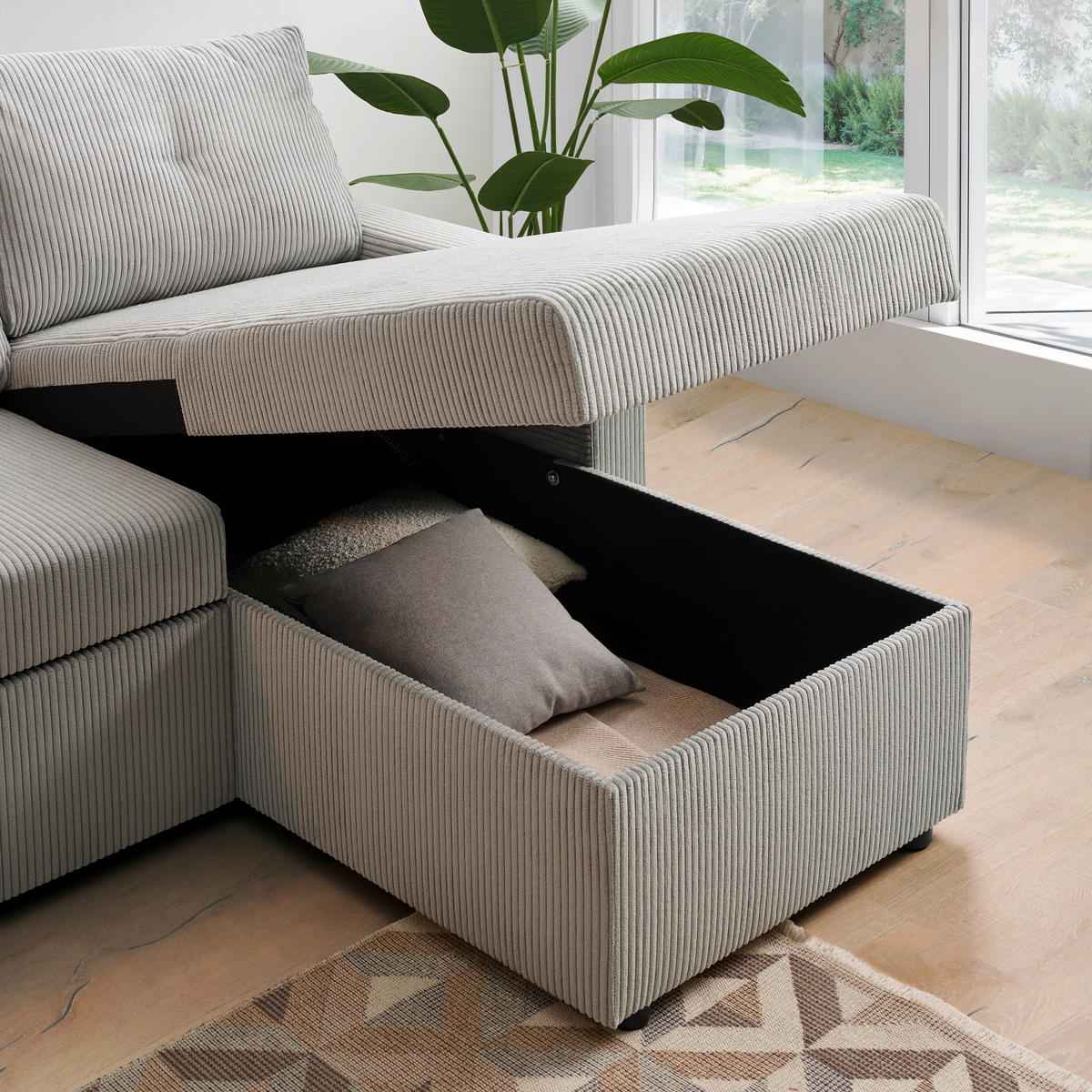 ECKSOFA Hellgrau Cord  - Hellgrau/Schwarz, KONVENTIONELL, Kunststoff/Textil (218/155cm) - Ti'me