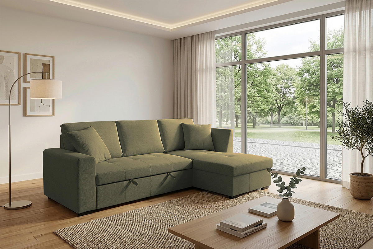 ECKSOFA LUKAS Olivgrün Struktur Zierkissen, Bettkasten  - Olivgrün, Trend, Textil (239/158cm) - P & B