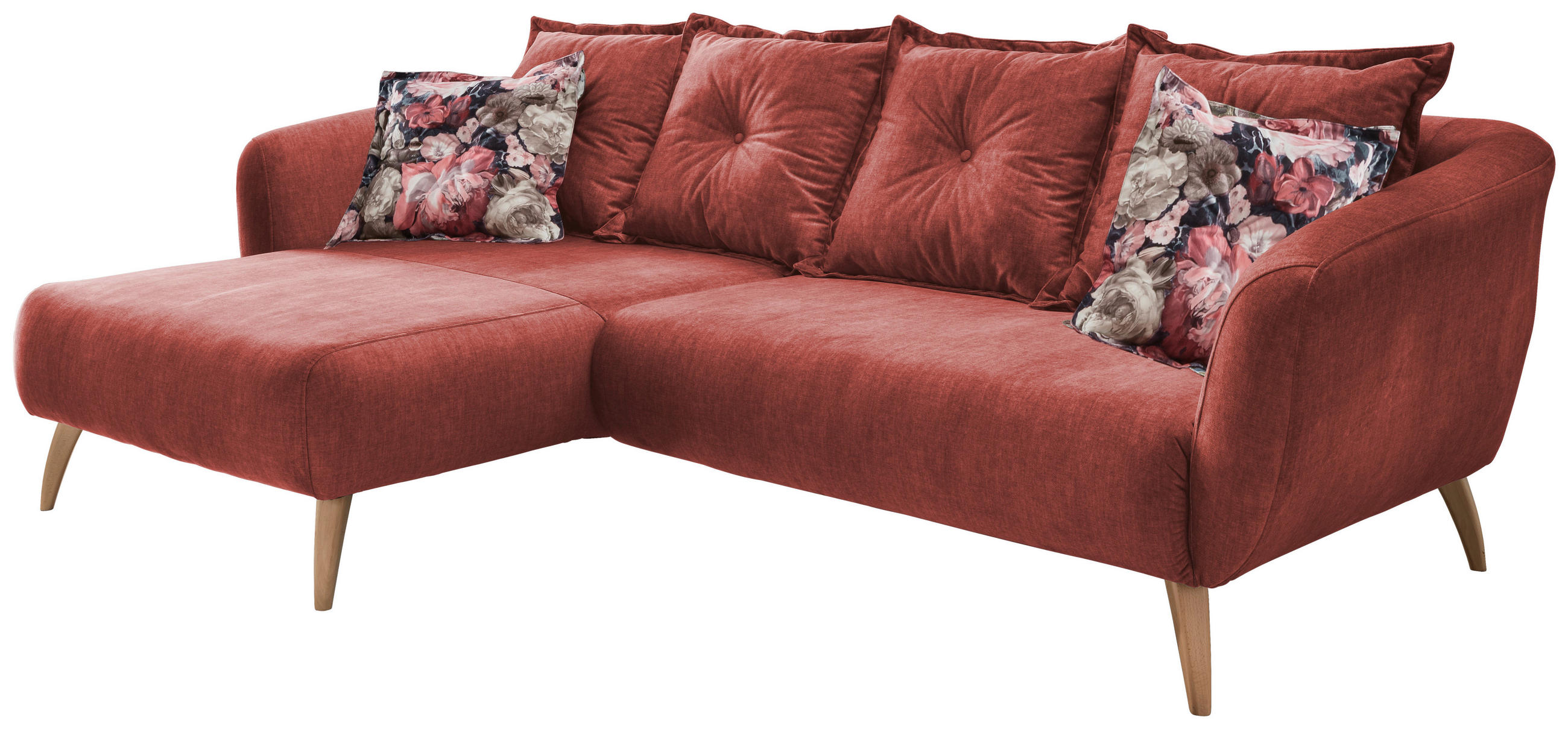 ECKSOFA in Velours Koralle, Multicolor  - Koralle/Buchefarben, Modern, Holz/Textil (162/277cm) - Livetastic