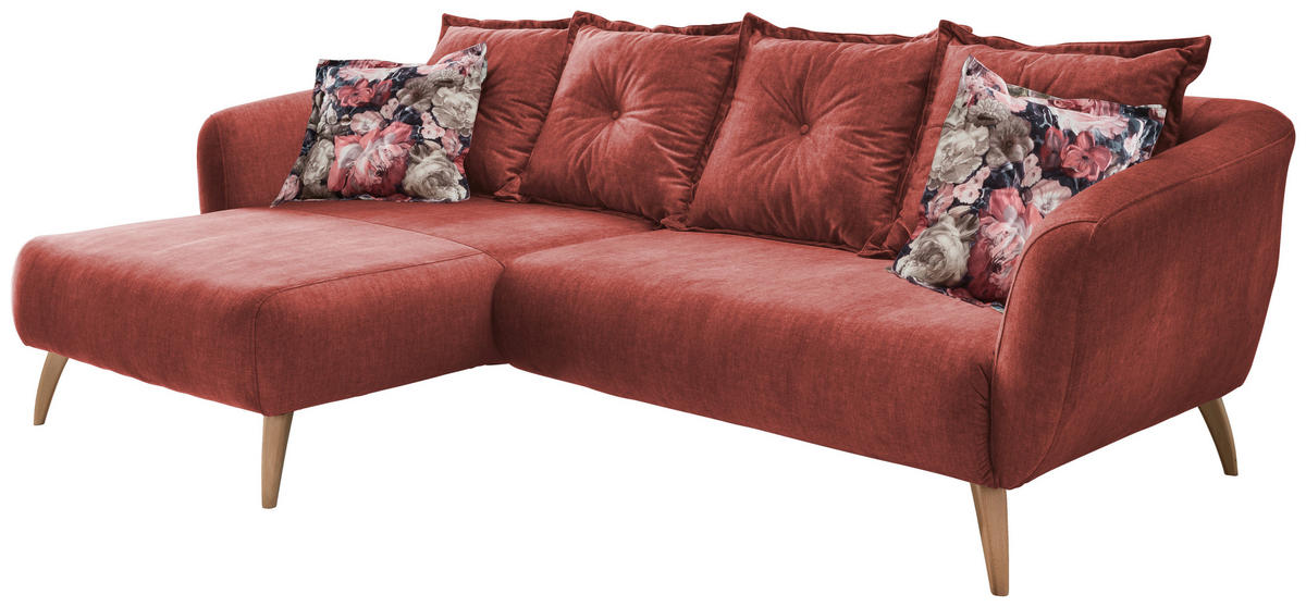 ECKSOFA in Velours Koralle, Multicolor  - Koralle/Buchefarben, Modern, Holz/Textil (162/277cm) - Livetastic