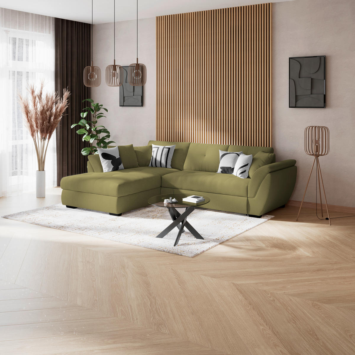 ECKSOFA Grün Zierkissen, Bettkasten, Schlaffunktion, Rücken echt  - Schwarz/Grün, KONVENTIONELL, Kunststoff/Textil (187/278cm) - MID.YOU