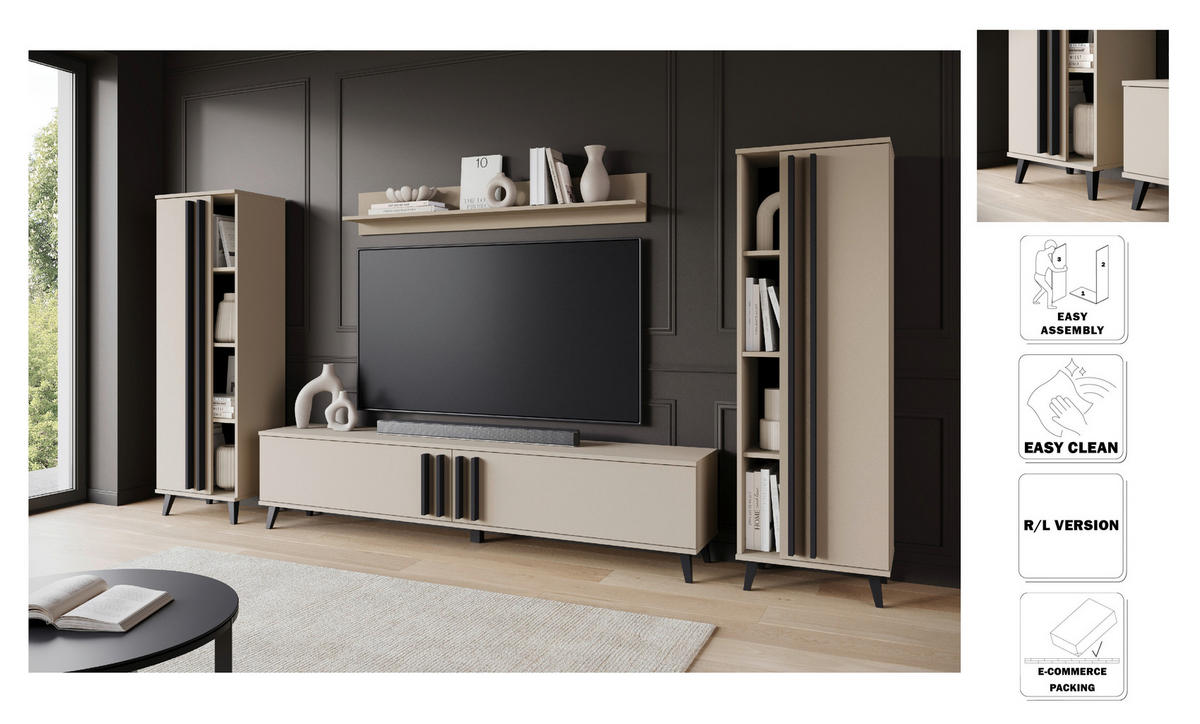 WOHNWAND 4-teilig  in Beige 270/140/33 cm  - Beige/Schwarz, Trend, Holzwerkstoff/Kunststoff (270/140/33cm)