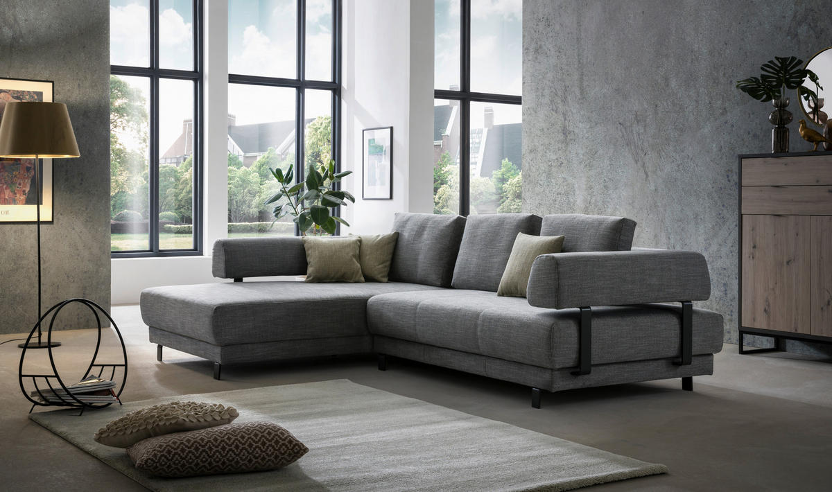 ECKSOFA in Flachgewebe Grau  - Schwarz/Grau, Design, Textil/Metall (202/279cm)