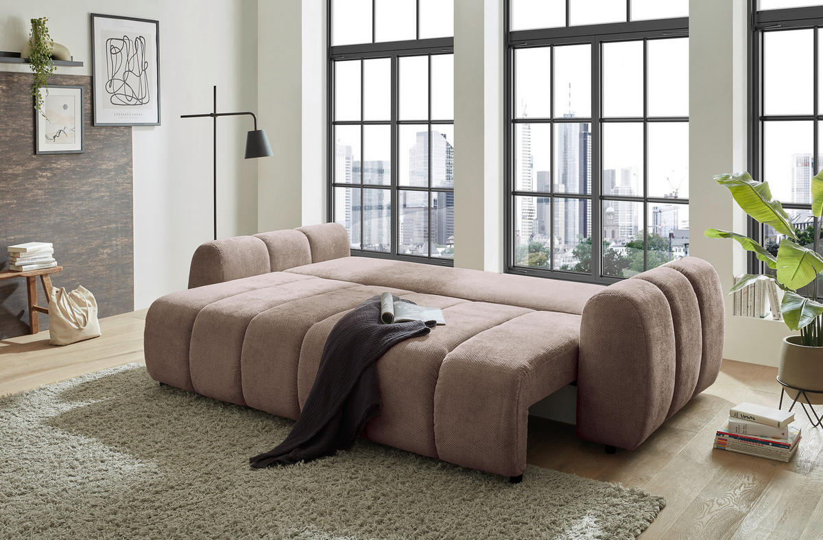 SCHLAFSOFA BUBBLE Webstoff Taupe  inkl. Zierkissen, Nierenkissen, Bettkasten, Liegefläche im Originalstoff  - Taupe/Schwarz, Design, Kunststoff/Textil (256/76/112cm) - MID.YOU