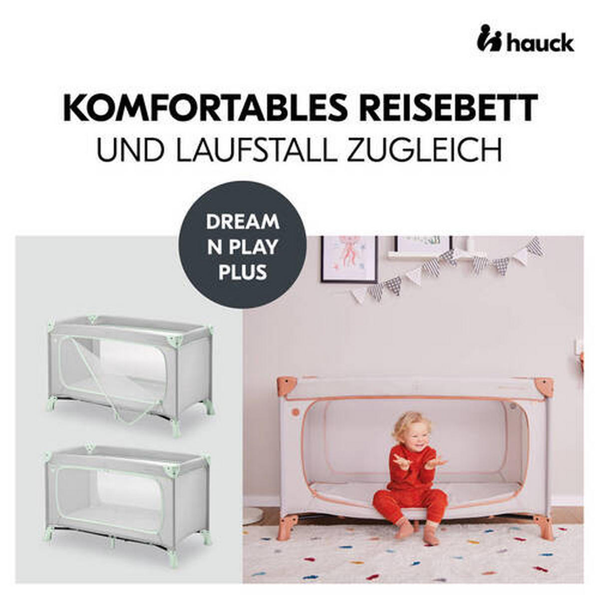 REISEBETT Dream N Play Plus Greige, Mintgrün  - Greige/Mintgrün, Basics, Kunststoff/Textil (65/76/125cm) - Hauck
