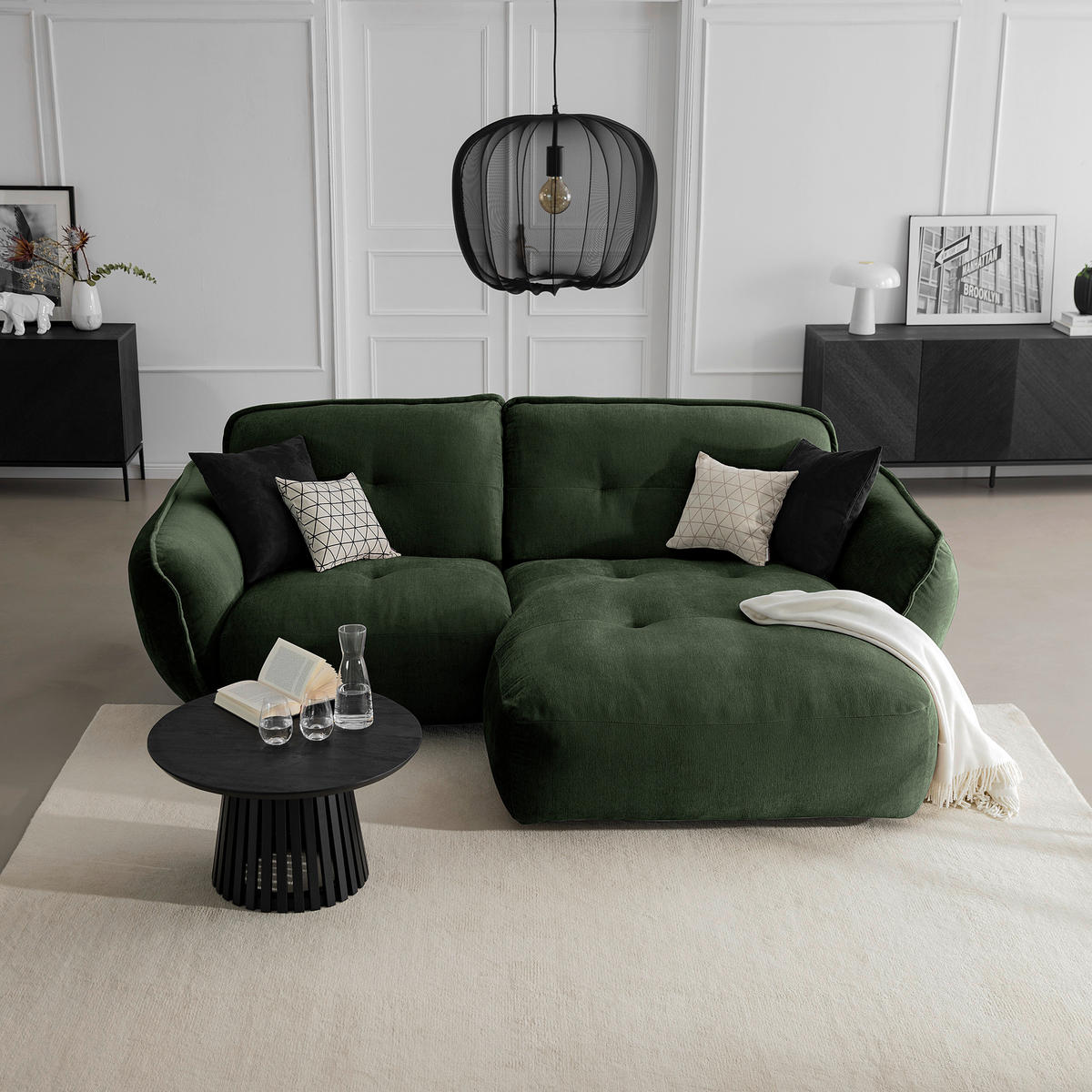 ECKSOFA in Chenille Dunkelgrün  - Dunkelgrün/Schwarz, Modern, Kunststoff/Textil (269/184cm) - Trendmanufaktur