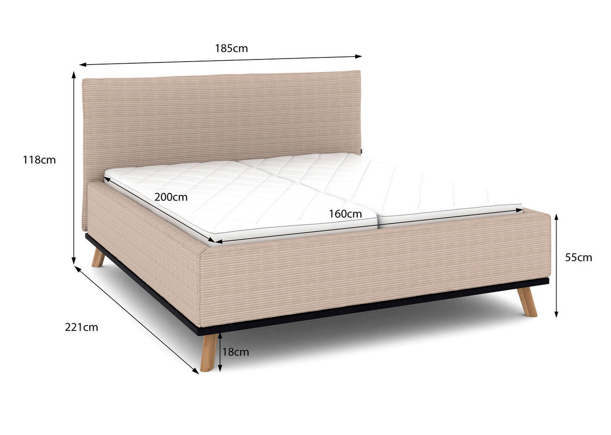 POLSTERBETT Matratze, Lattenrost, Bettkasten 160/200 cm  in Taupe  - Taupe/Eichefarben, Design, Holz/Textil (160/200cm) - Musterring