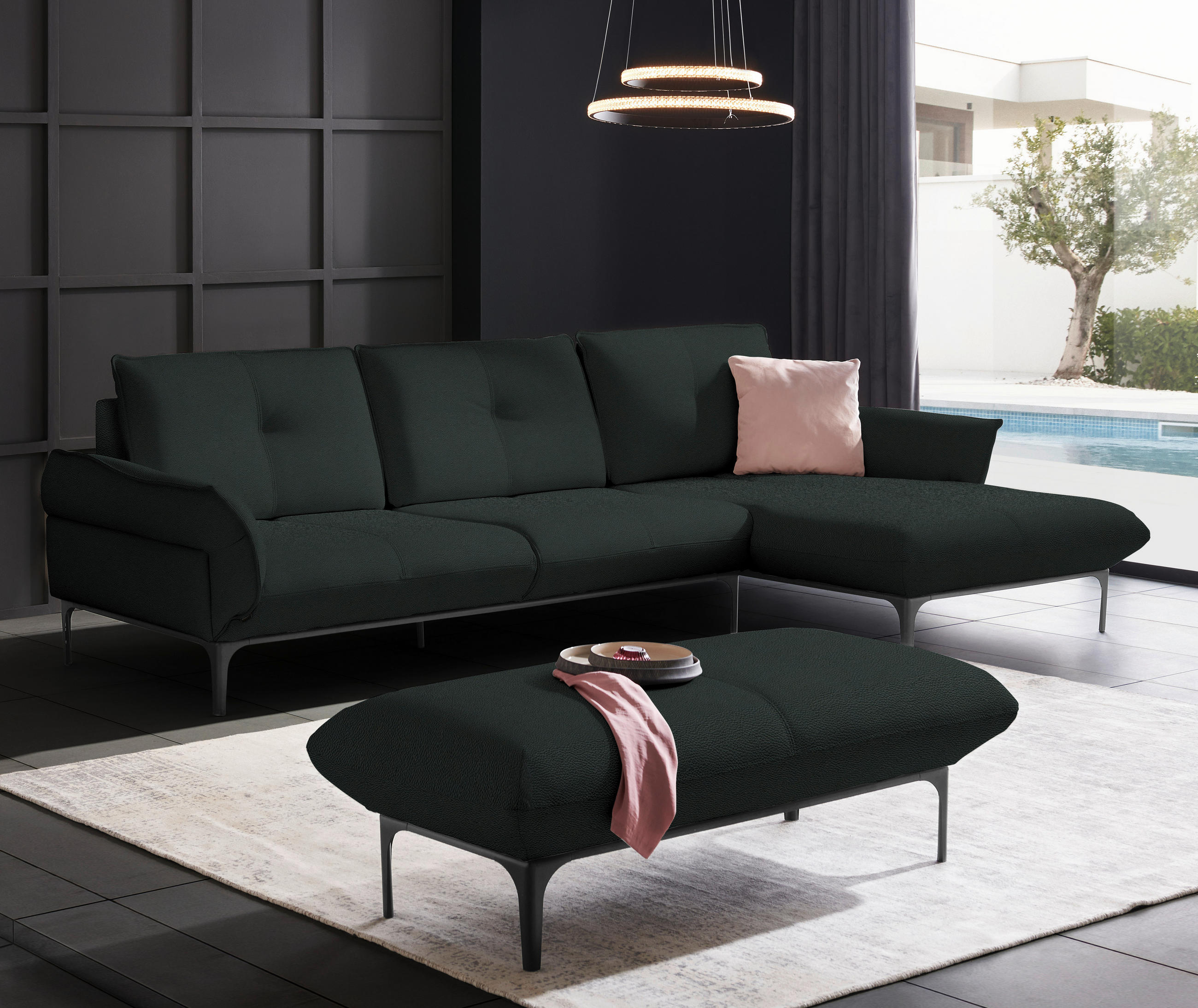 ECKSOFA in Echtleder Schwarz  - Schwarz, Design, Leder/Metall (319/182cm) - Valnatura
