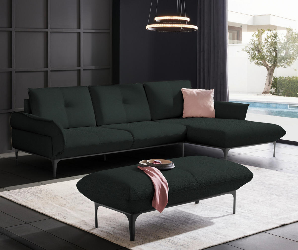 ECKSOFA in Echtleder Schwarz  - Schwarz, Design, Leder/Metall (319/182cm) - Valnatura