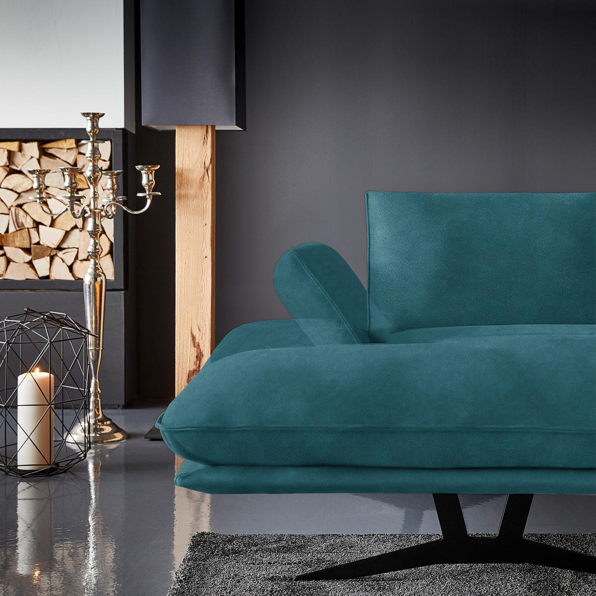 WOHNLANDSCHAFT in Echtleder Petrol  - Petrol/Schwarz, Natur, Leder/Metall (155/359/217cm) - Dieter Knoll