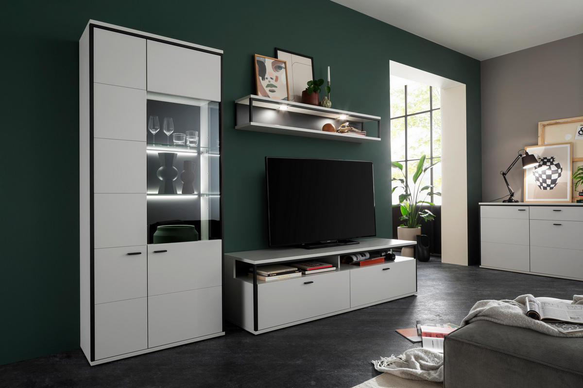 WOHNWAND  in Schwarz, Weiss 278/199/51 cm  - Weiss/Schwarz, Design, Glas/Holzwerkstoff (278/199/51cm) - Stylife