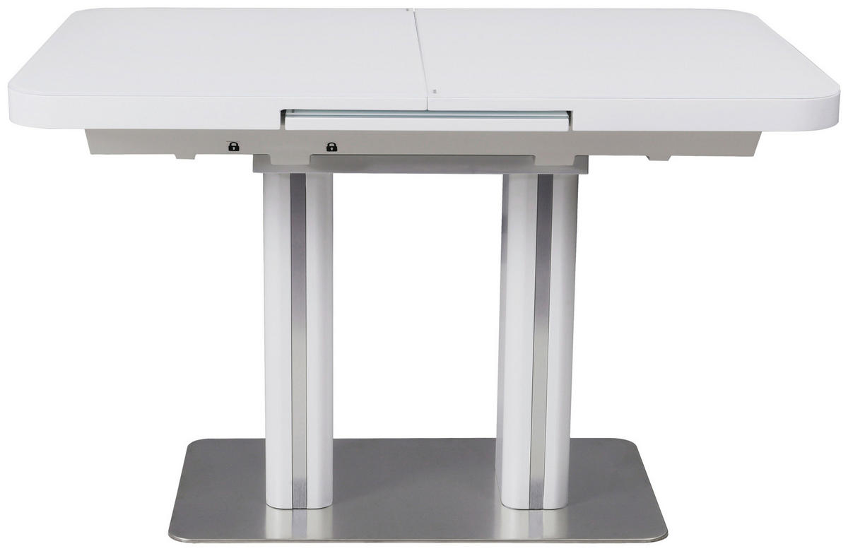 ESSTISCH in Metall, Glas, Holzwerkstoff 120-160/80/76 cm  - Weiss/Edelstahlfarben, Design, Glas/Holzwerkstoff (120-160/80/76cm) - Hom`in