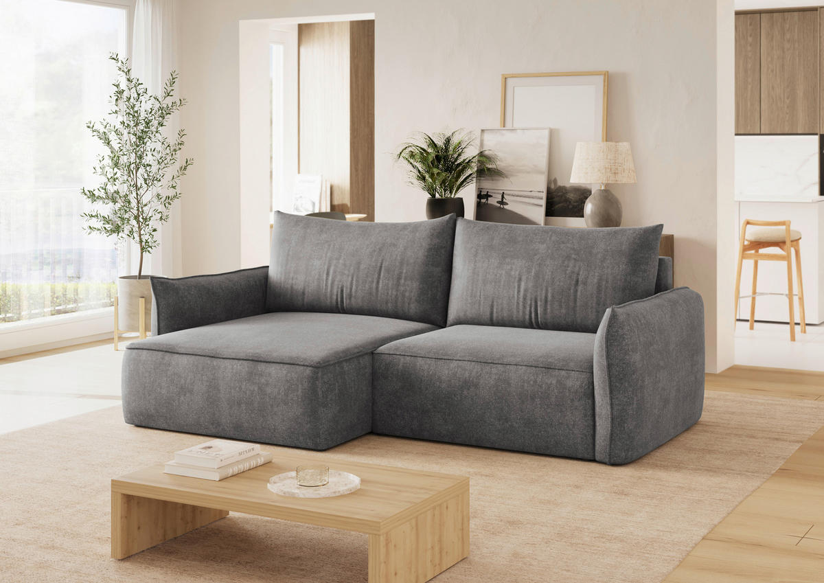 ECKSOFA Graphitfarben Struktur Rückenkissen, Bettkasten, Schlaffunktion, Rücken echt, Liegefläche im Originalstoff  - Schwarz/Graphitfarben, KONVENTIONELL, Kunststoff/Textil (148/266cm) - Milino