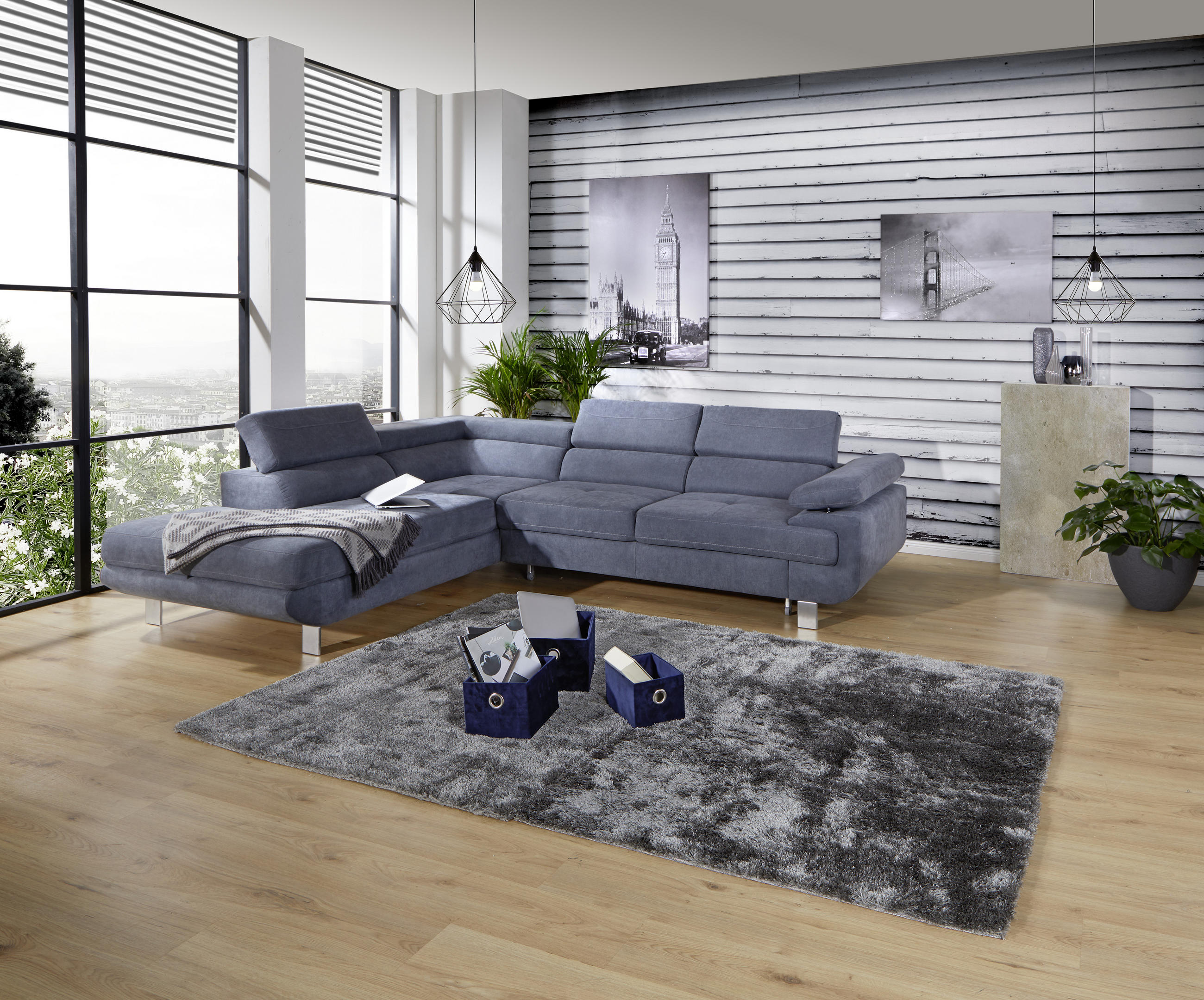 Ecksofa mit Schlaffunktion + Blaugrau Drell  - Blaugrau, MODERN, Textil/Metall (230/280cm) - MID.YOU