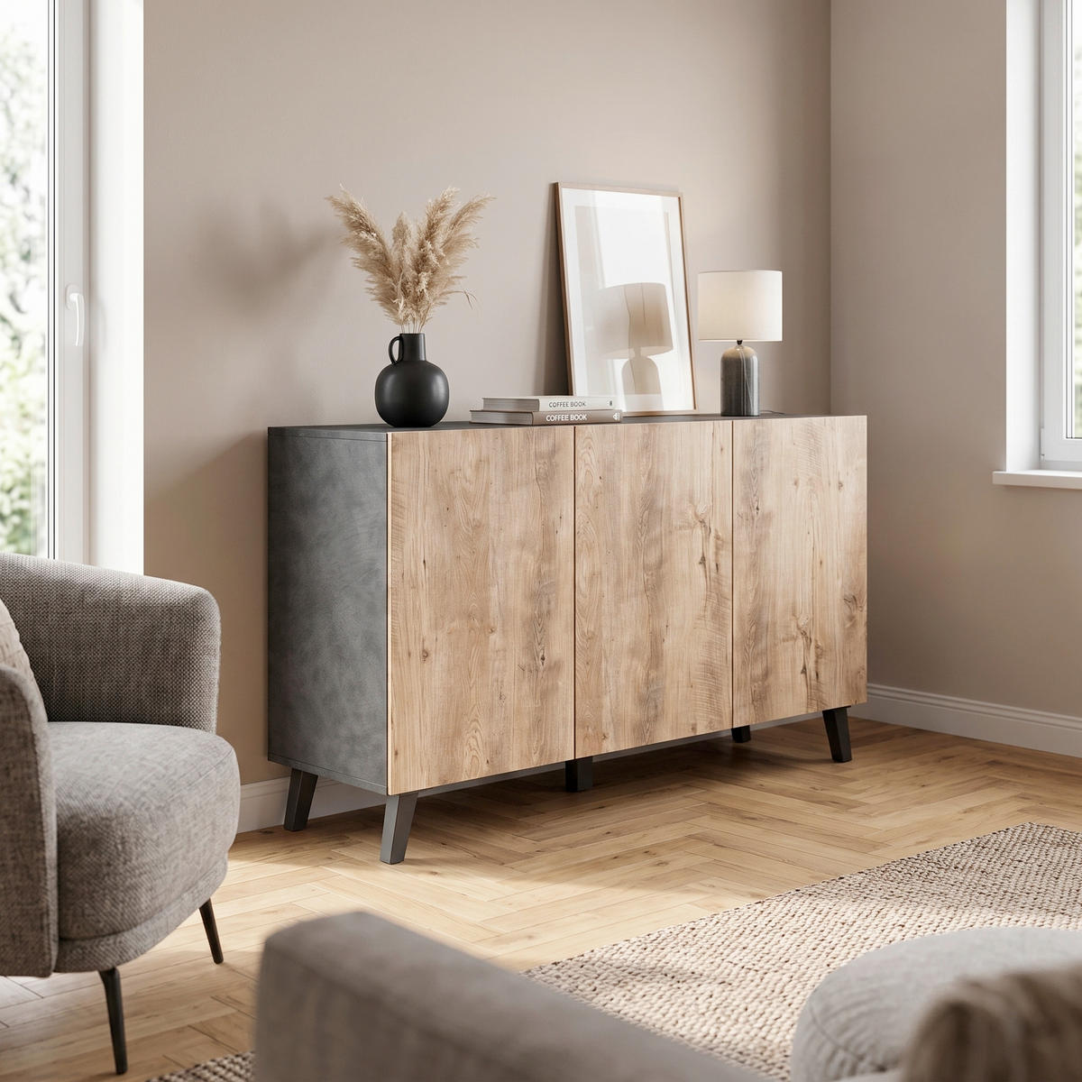 ŠIROKA KOMODA, antracit, barva kostanjevega hrasta  - črna/barva kostanjevega hrasta, Design, umetna masa/leseni material (120/76/39cm) - P & B