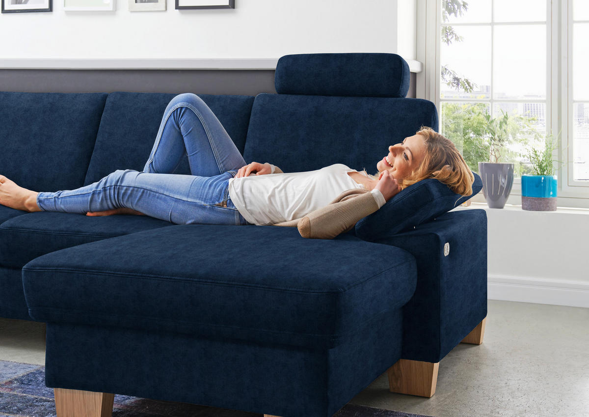 WOHNLANDSCHAFT in Velours Dunkelblau  - Eichefarben/Dunkelblau, Konventionell, Holz/Textil (167/316/235cm) - Beldomo System