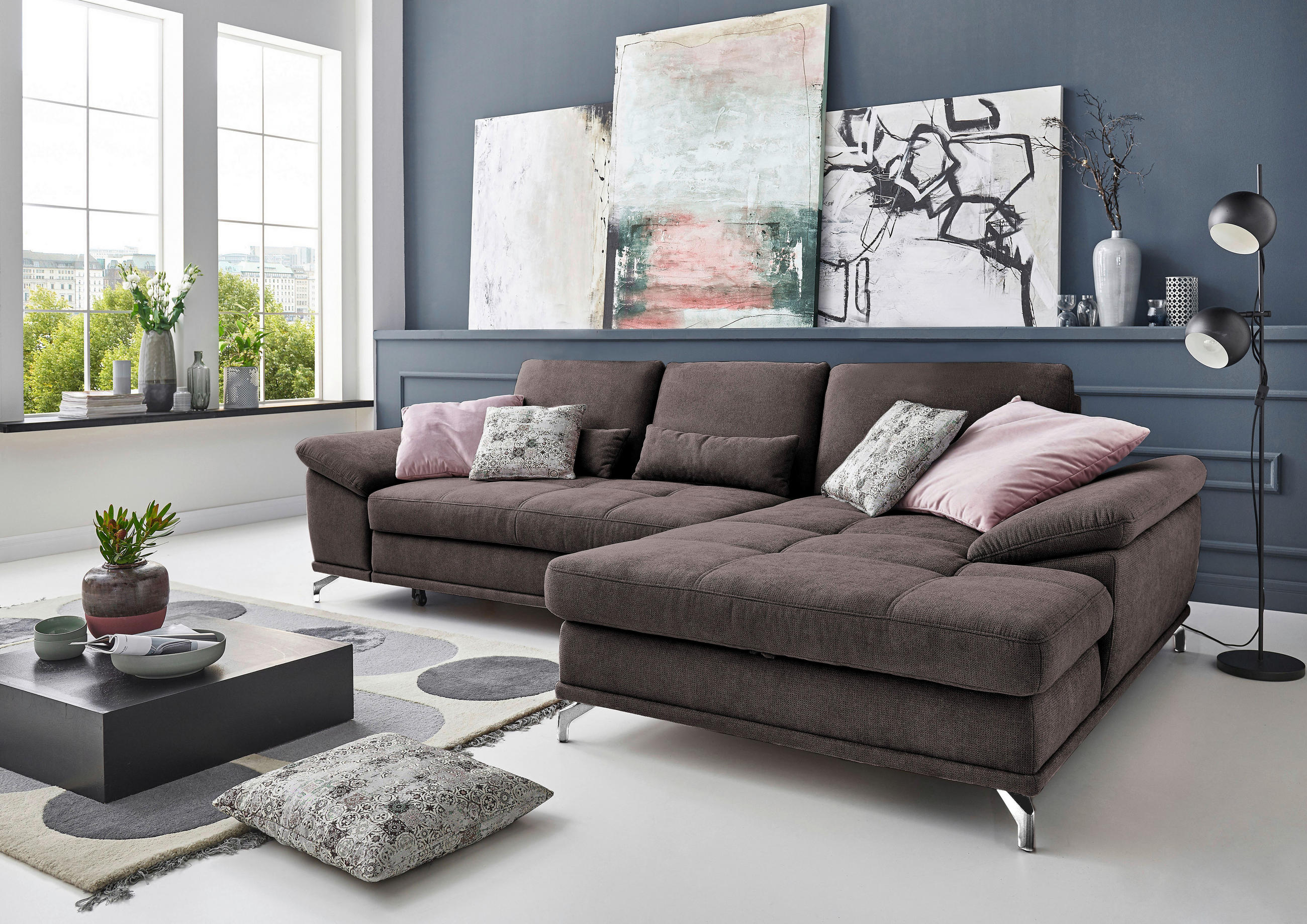 ECKSOFA  in Flachgewebe Dunkelbraun  301/176 cm  - Dunkelbraun/Silberfarben, KONVENTIONELL, Textil/Metall (301/176cm) - Sit & More