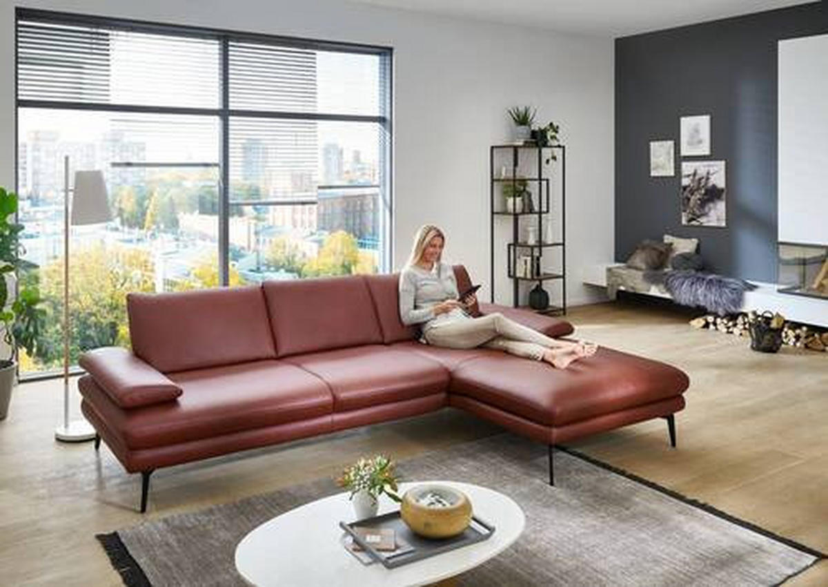 ECKSOFA in Echtleder Dunkelrot  - Schwarz/Dunkelrot, Design, Leder/Metall (310/180cm) - Dieter Knoll