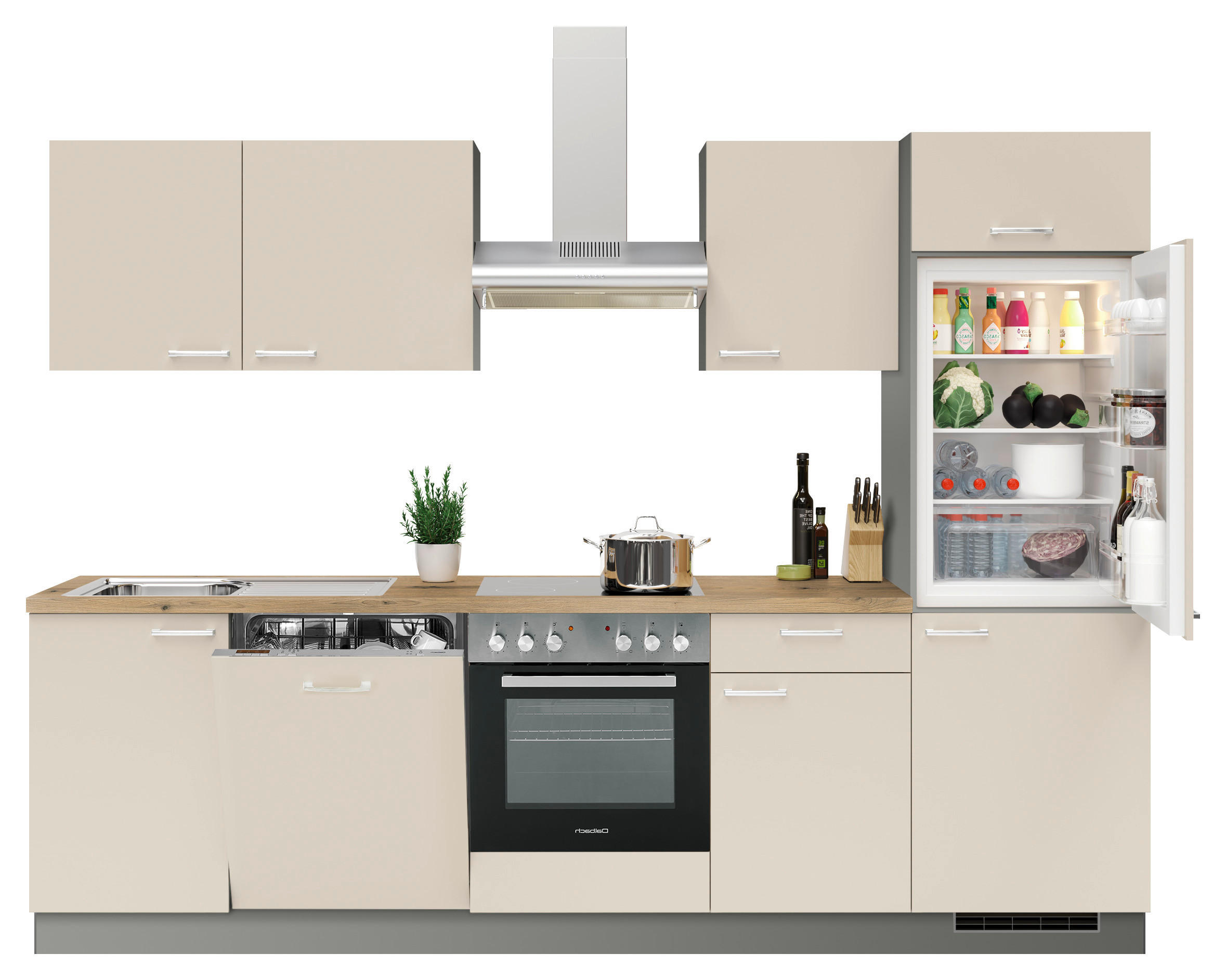 KÜCHENBLOCK 280 cm   in Anthrazit, Creme  - Edelstahlfarben/Eichefarben, KONVENTIONELL, Holzwerkstoff/Metall (280cm) - Welnova