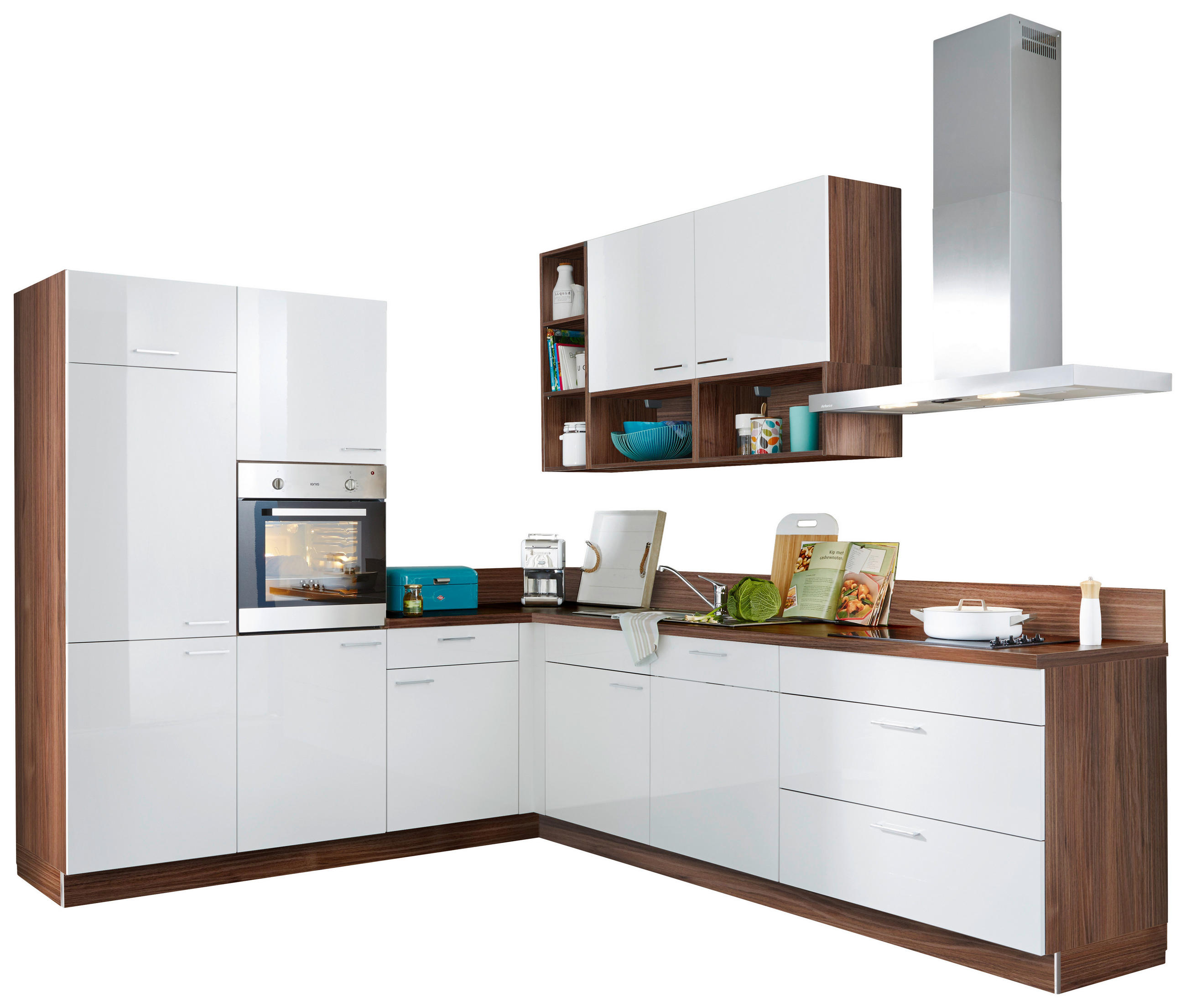 BUCĂTĂRIE PE COLȚ   - alb/culoare lemn de nuc, Modern, material pe bază de lemn (245/275cm) - Welnova