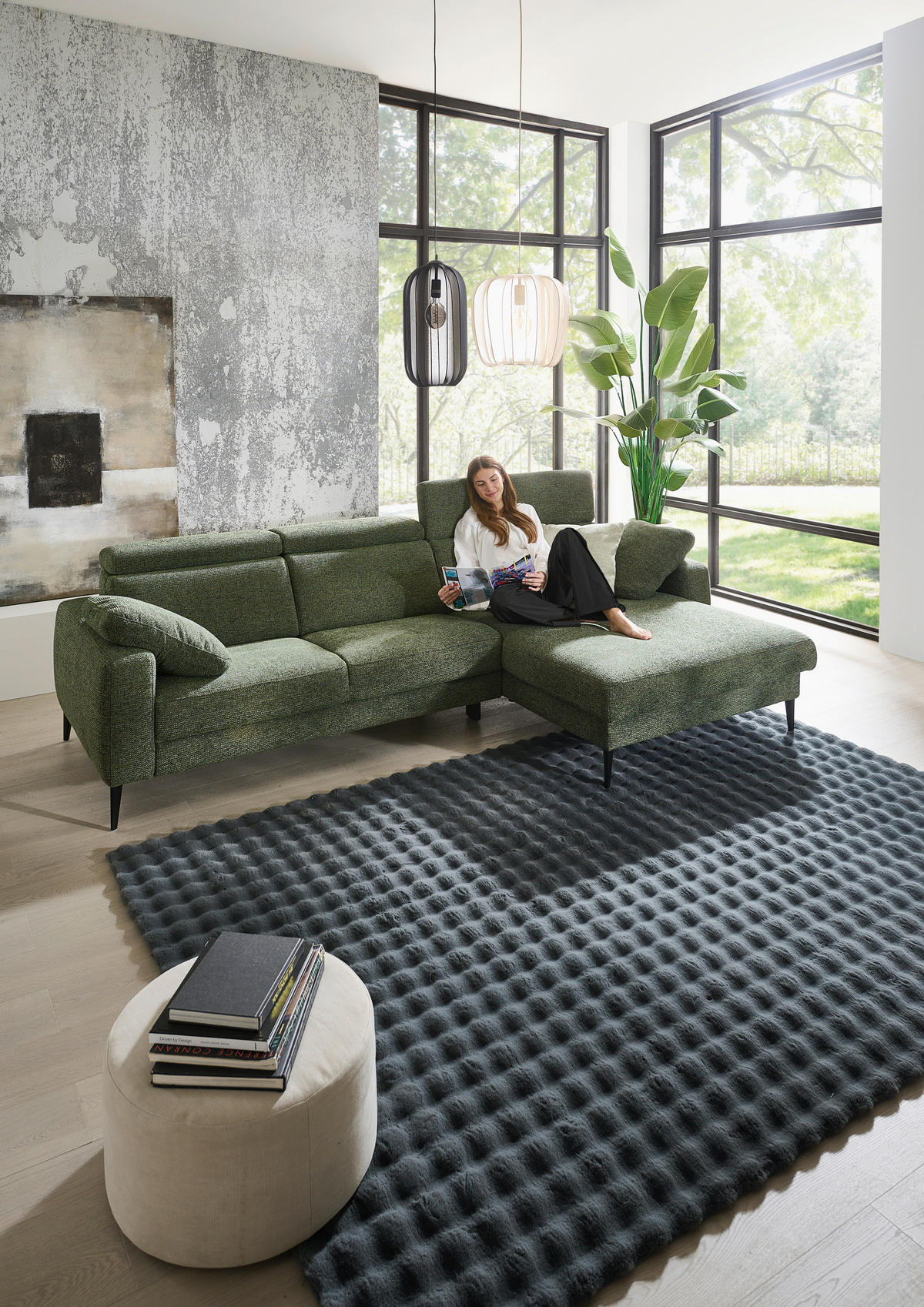 ECKSOFA Grün Chenille  - Schwarz/Grün, KONVENTIONELL, Textil/Metall (300/177cm) - Valdera