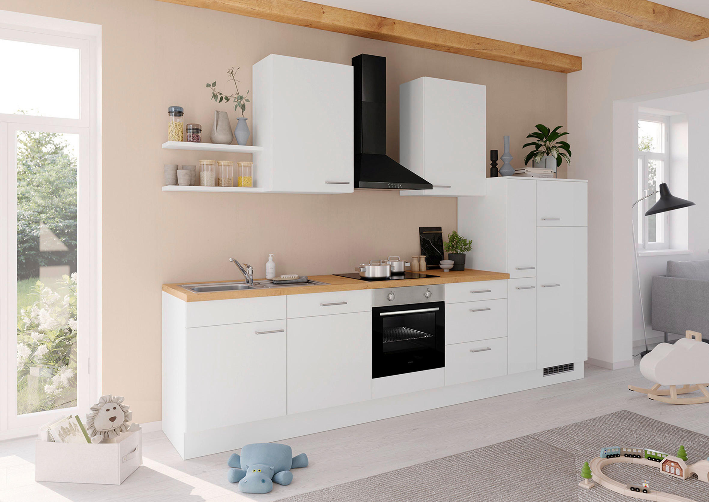 KÜCHENLEERBLOCK 330 cm   in Weiß  - Edelstahlfarben/Eichefarben, Design, Holzwerkstoff/Metall (330cm) - Impuls