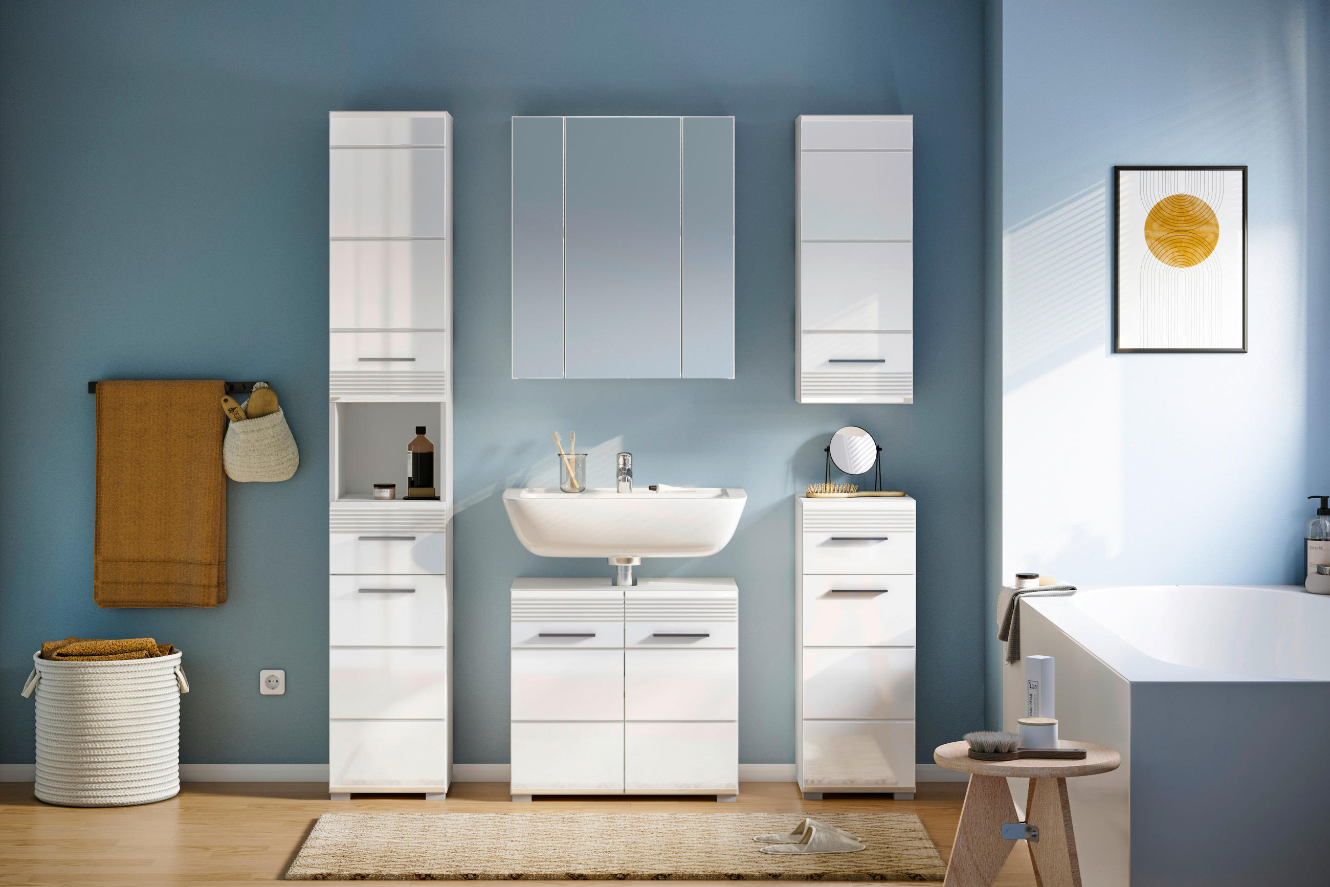 BADEZIMMER 5-teilig  in  - Weiß Hochglanz/Silberfarben, MODERN, Glas/Holzwerkstoff (120cm) - MID.YOU