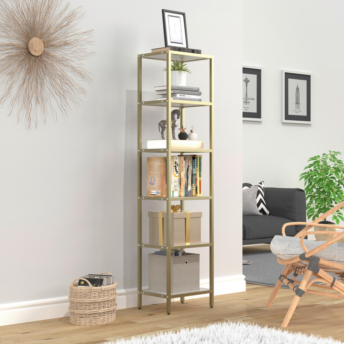 VITRINE in Weiss, Goldfarben  - Weiss/Goldfarben, Design, Holzwerkstoff/Metall (40/165/30cm) - MID.YOU