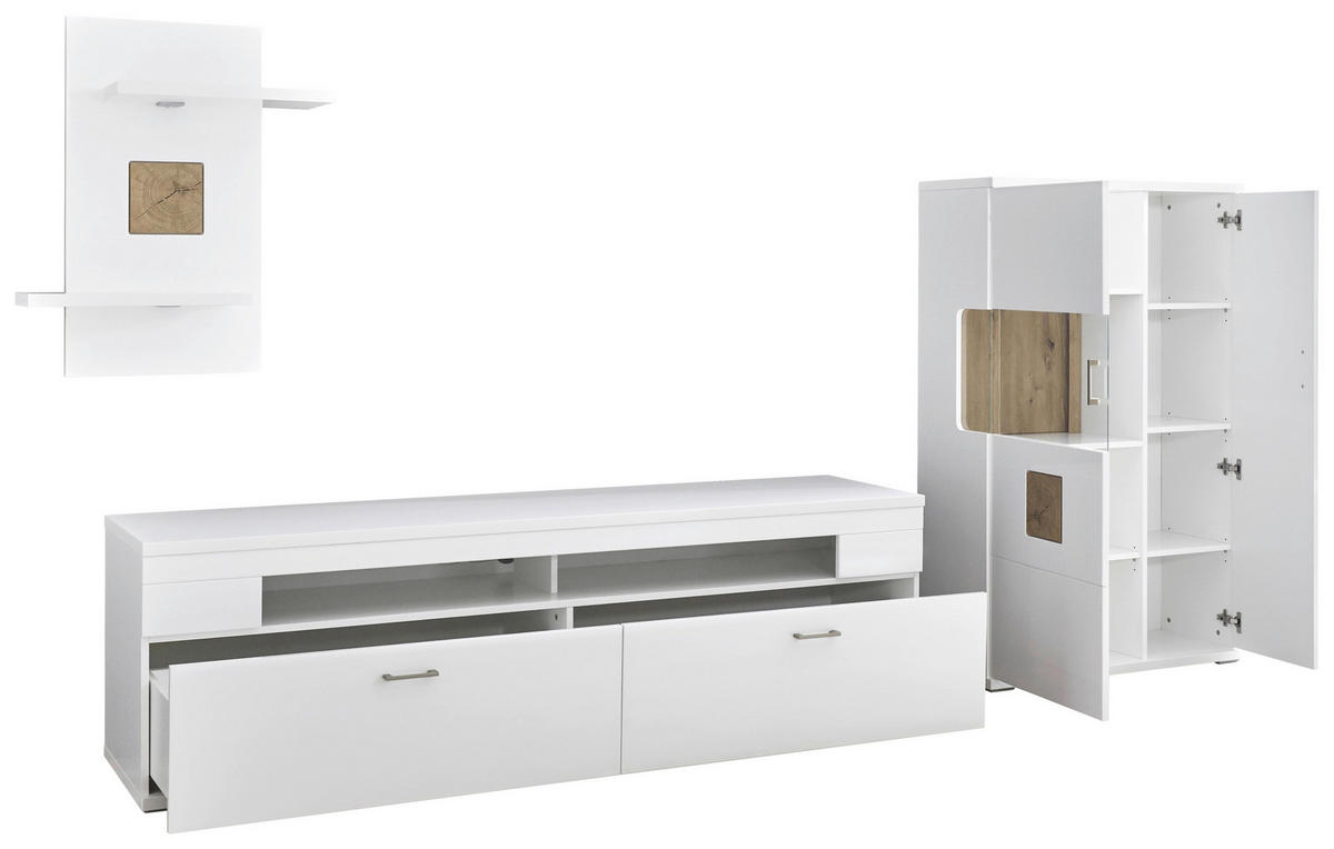 WOHNWAND  in Weiß, Eichefarben, Weiß Hochglanz  317,1/171,0/50,2 cm  - Eichefarben/Weiß Hochglanz, Design, Glas/Holzwerkstoff (317,1/171,0/50,2cm) - Xora