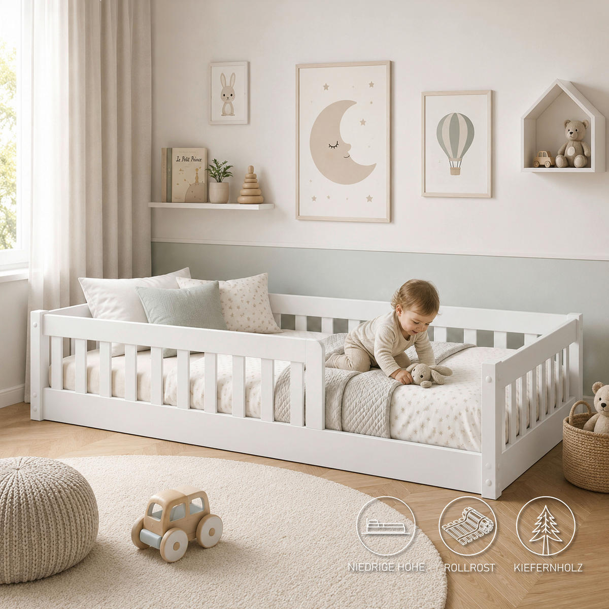 BODENBETT. 90/200 cm  in Weiß  - Naturfarben/Weiß, KONVENTIONELL, Holz (90/200cm) - Carryhome