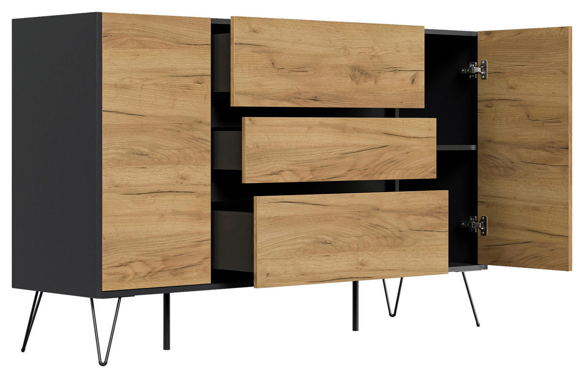 SIDEBOARD Posseik Industrial 155/93,6/42 cm 3 Schublade(n)  - Eichefarben/Graphitfarben, Design, Holzwerkstoff/Metall (155/93,6/42cm) - P & B
