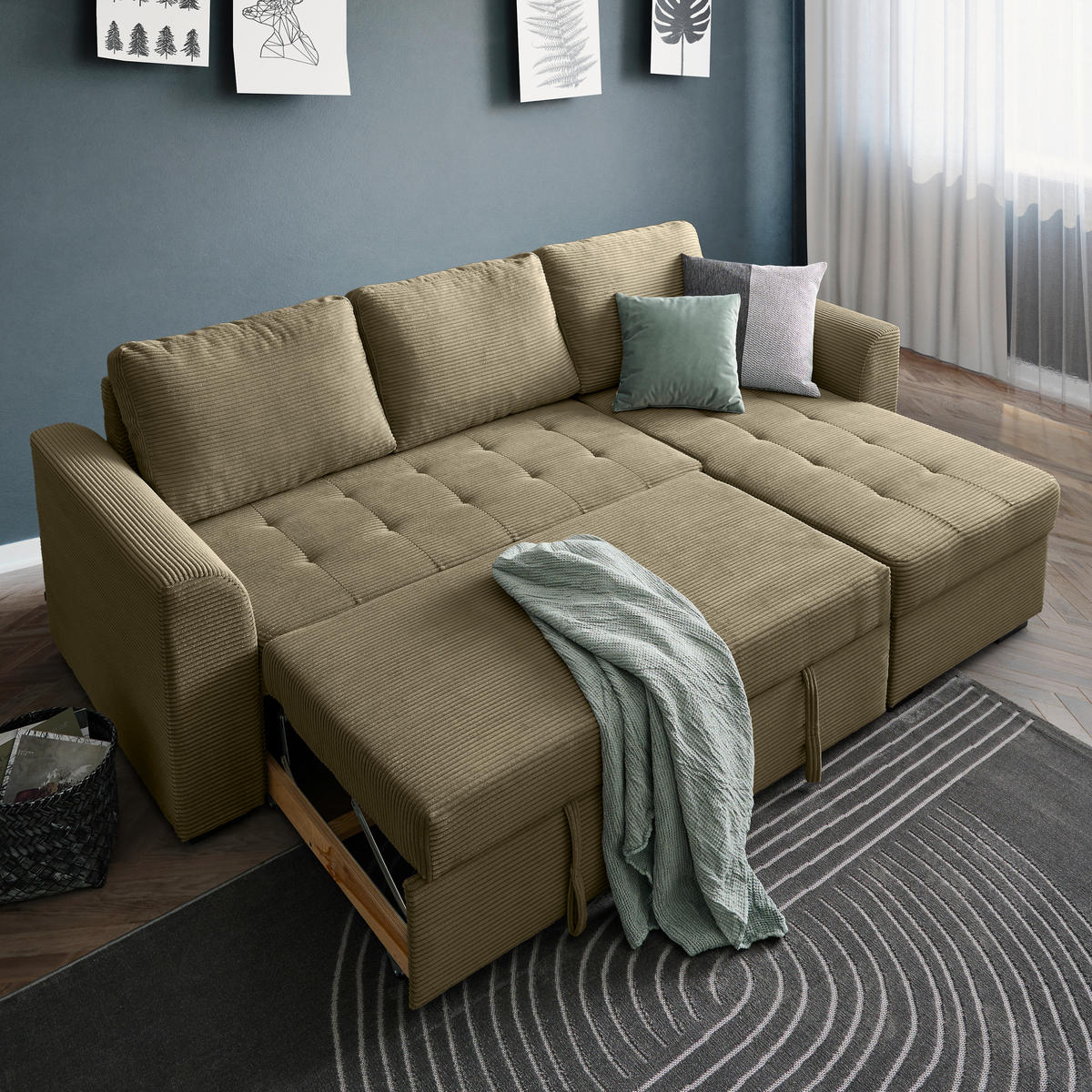 SAROKKANAPÉ textil olívazöld  - olívazöld/fekete, Design, műanyag/textil (243/155cm) - Xora
