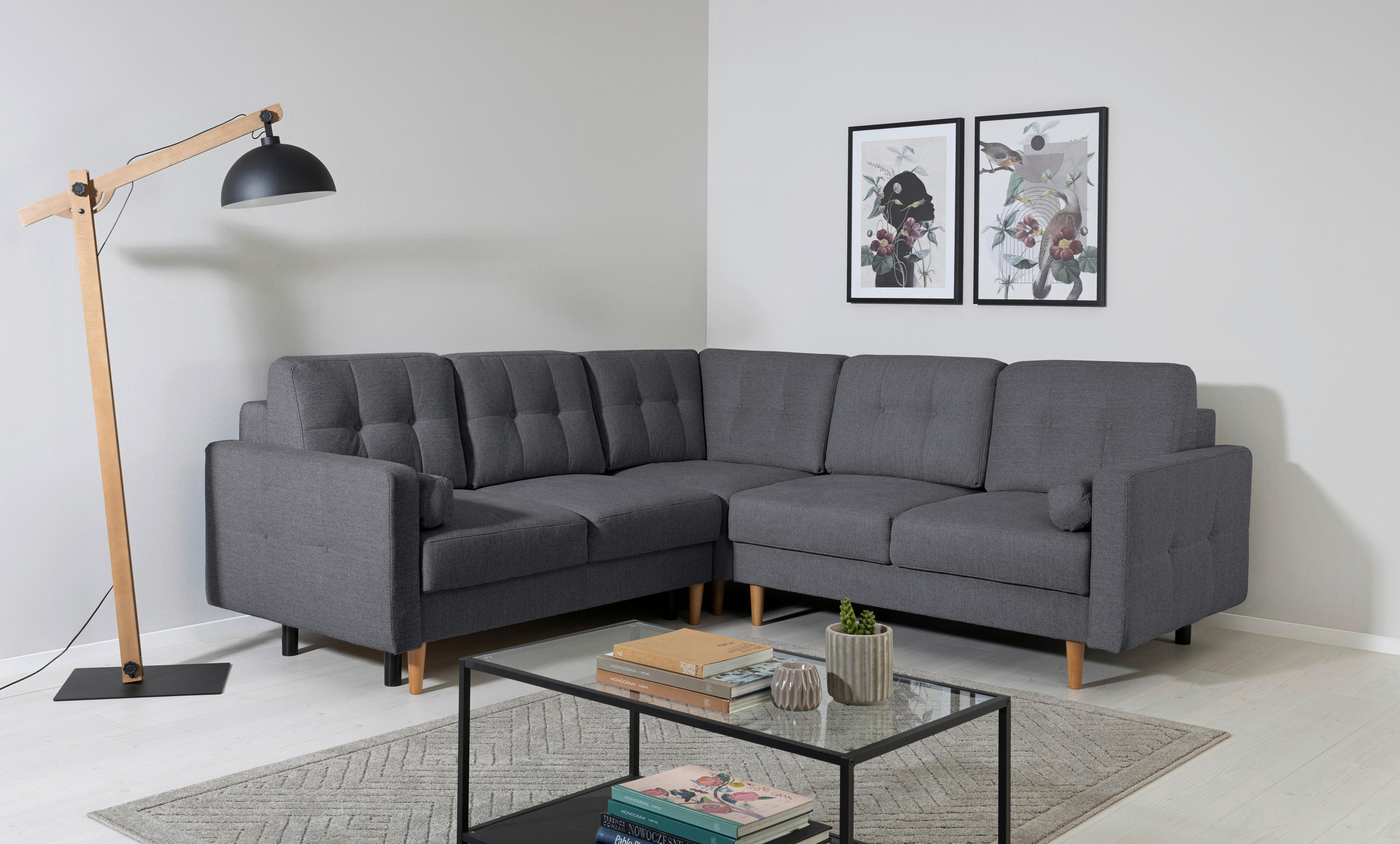 ECKSOFA in Dunkelgrau  - Dunkelgrau/Buchefarben, Design, Holz/Textil (242/242cm) - MID.YOU