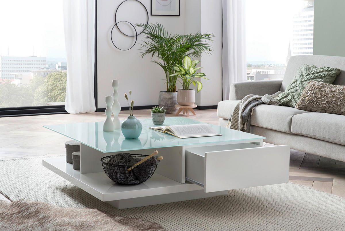 COUCHTISCH in Glas, Holzwerkstoff 100/100/36 cm  - Weiß Hochglanz/Weiß, Design, Glas/Holzwerkstoff (100/100/36cm) - Livetastic