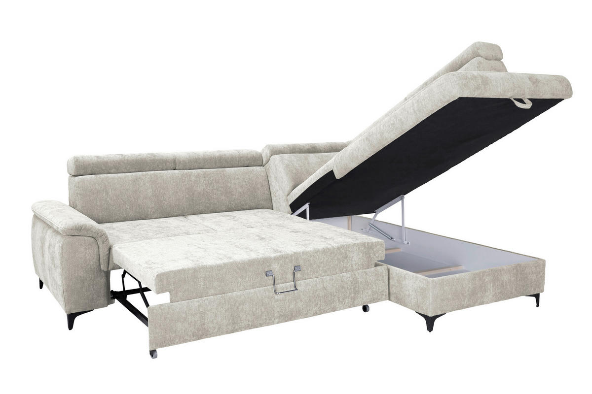 ECKSOFA Elfenbein Chenille Bettkasten, Schlaffunktion, Rücken echt, Kopfteilverstellung, Liegefläche im Originalstoff  - Elfenbein/Schwarz, KONVENTIONELL, Textil/Metall (265/206cm) - Carryhome