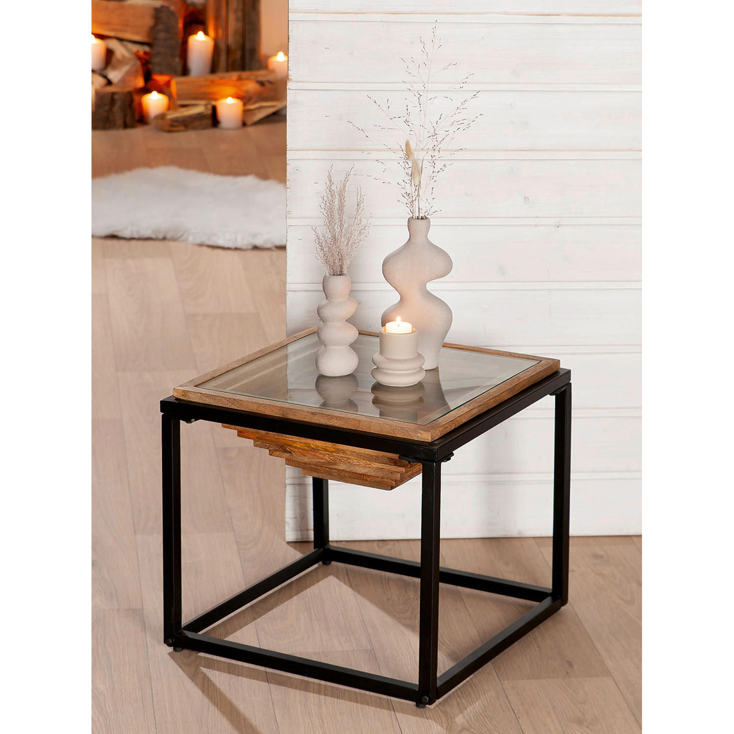BEISTELLTISCH Mangoholz massiv Schwarz, Hellbraun quadratisch  - Hellbraun/Schwarz, Basics, Holz/Metall (44,5/40/45cm)