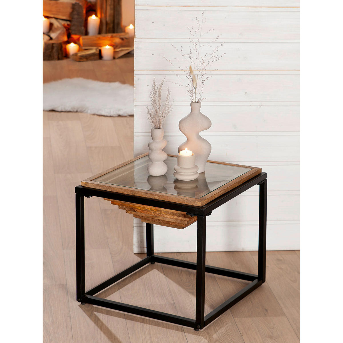 BEISTELLTISCH Mangoholz massiv Schwarz, Hellbraun quadratisch  - Hellbraun/Schwarz, Basics, Holz/Metall (44,5/40/45cm)