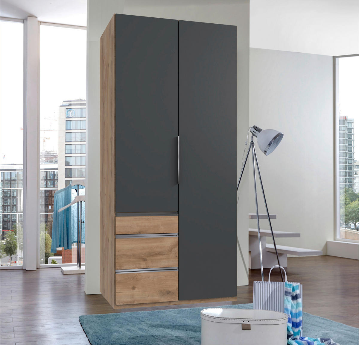 DREHTÜRENSCHRANK Graphitfarben, Plankeneiche  - Chromfarben/Plankeneiche, Modern, Holzwerkstoff/Metall (100/236/58cm) - MID.YOU