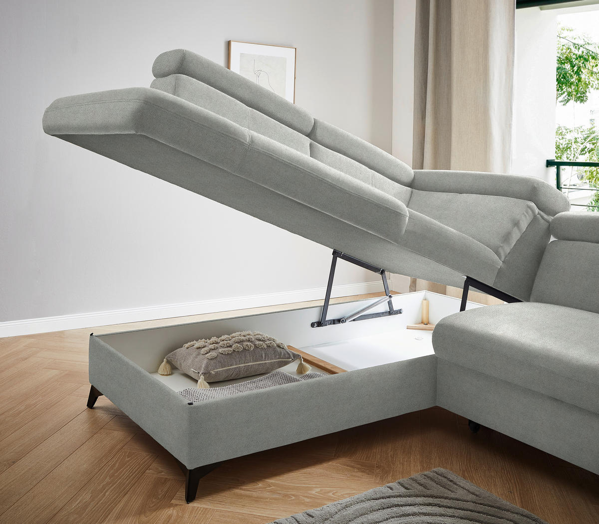 ECKSOFA in Webstoff Silberfarben  - Silberfarben/Schwarz, Design, Textil/Metall (203/260cm) - Stylife