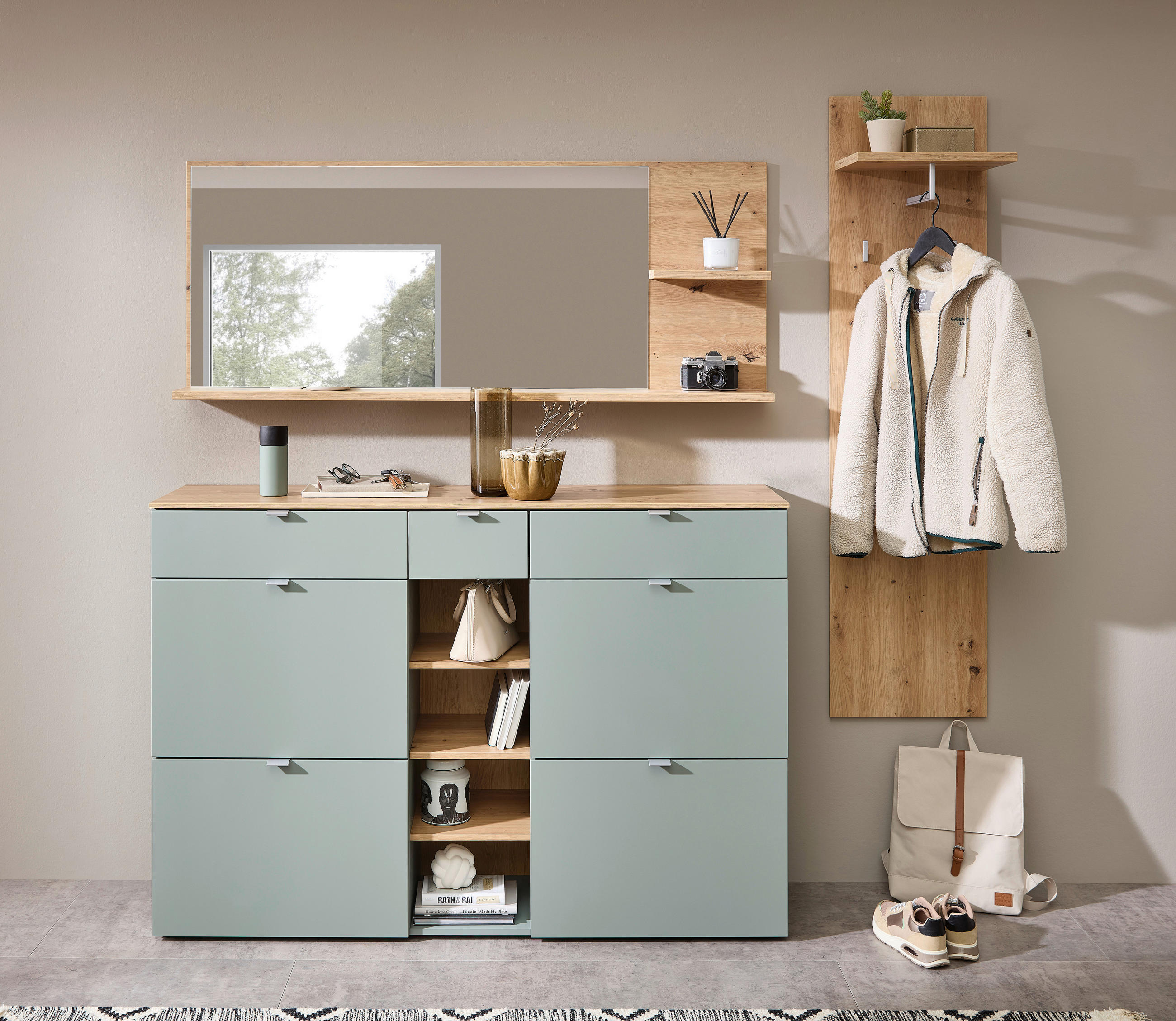 GARDEROBE 3-teilig  in 208/202/38 cm  - Salbeigrün/Eiche Artisan, Design, Glas/Holzwerkstoff (208/202/38cm) - Xora