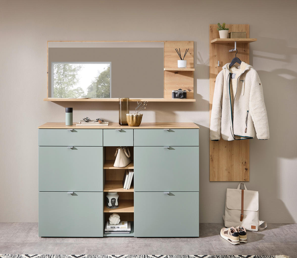 PREDSIEŇOVÝ NÁBYTOK, šalviovozelená, dub artisan, 208/202/38 cm - dub artisan/šalviovozelená, Design, kompozitné drevo/sklo (208/202/38cm) - Xora