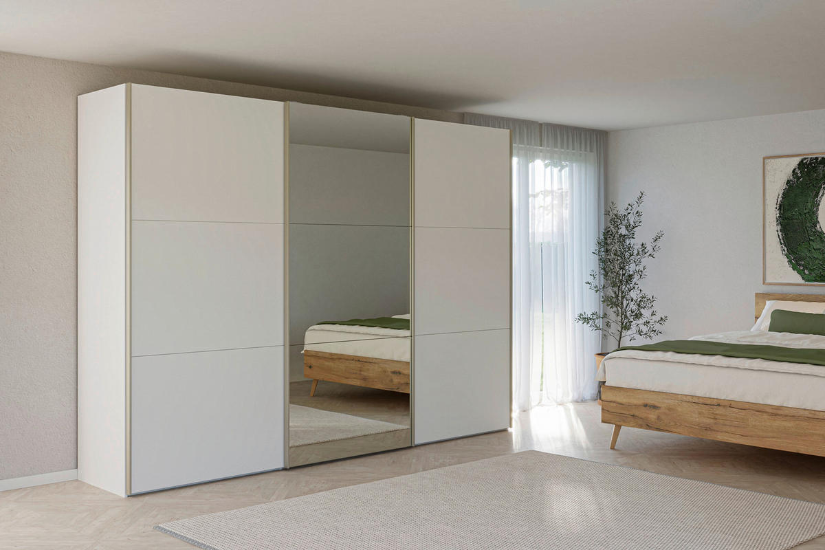 SCHWEBETÜRENSCHRANK 303/220/65 cm 3-türig Weiß  - Edelstahlfarben/Weiß, Design, Glas/Holzwerkstoff (303/220/65cm) - Jutzler