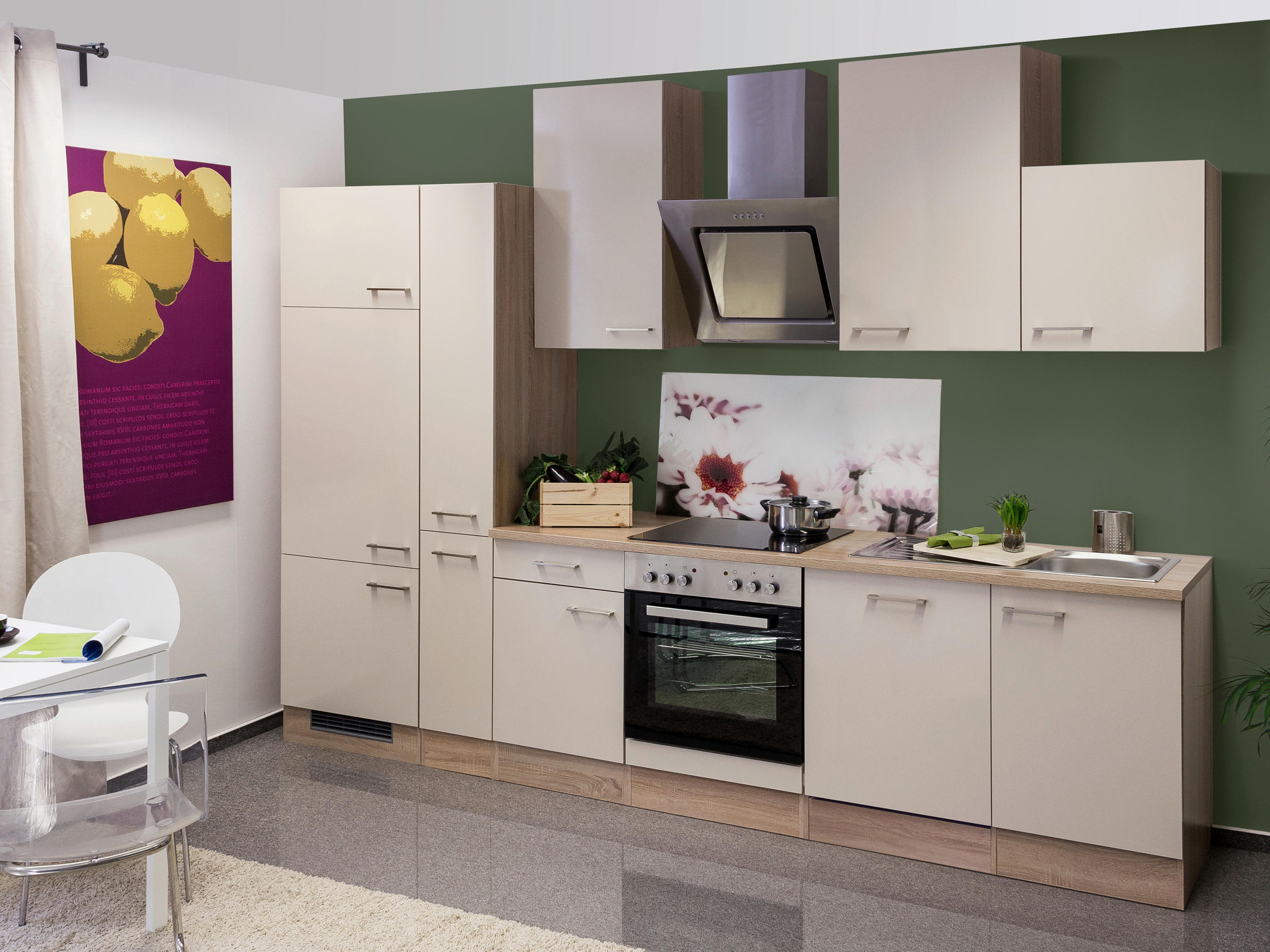 KÜCHENBLOCK 310 cm   in Sonoma Eiche, Kaschmir  - Kaschmir/Edelstahlfarben, MODERN, Holzwerkstoff/Metall (310cm) - FlexWell